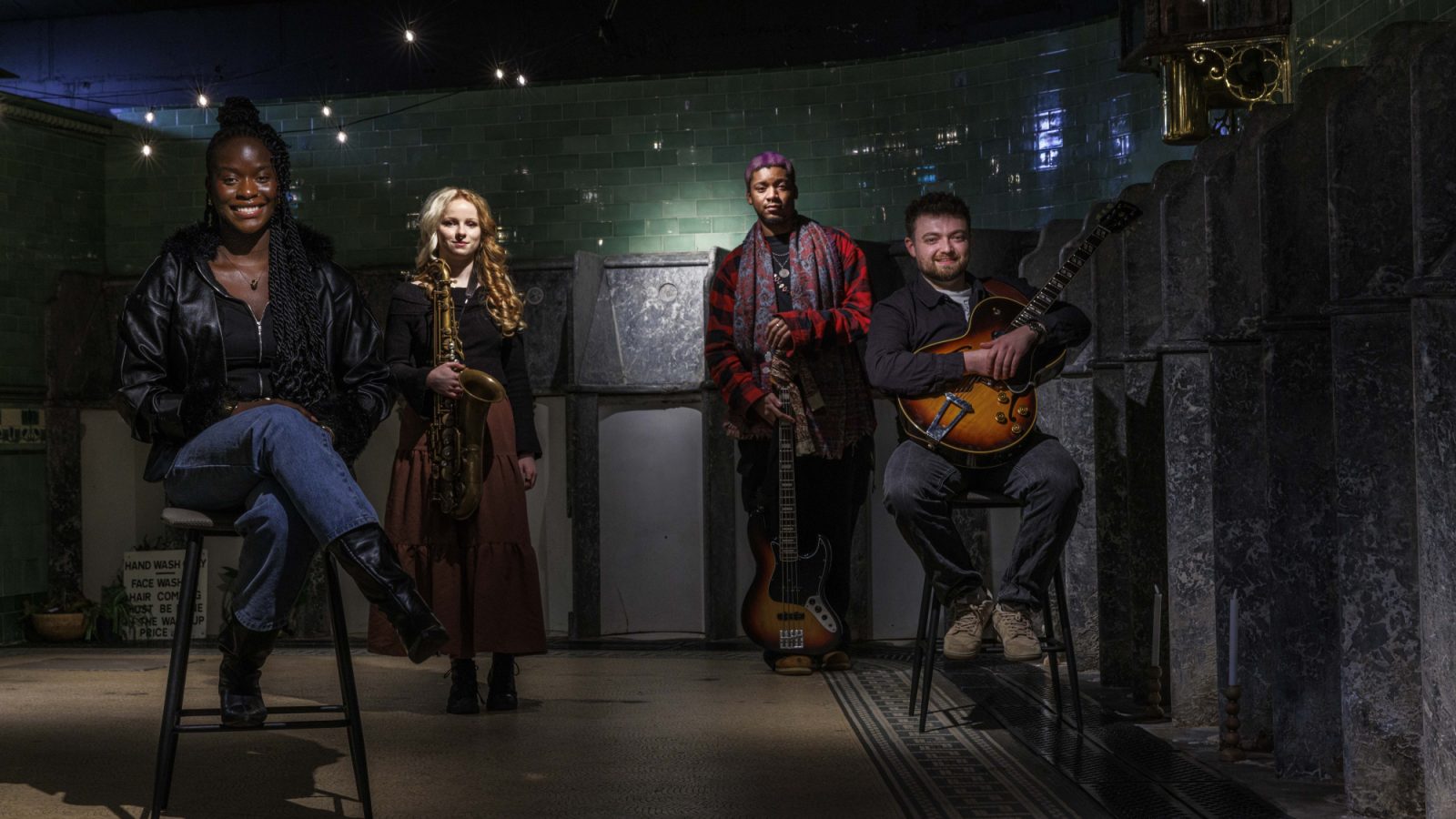 Aberdeen Jazz Festival performers  AiiTee, Kimberley Tessa, Nuna Mutikani, and Sean Bissett pictured at one of the new venues, the Victorian Toilets on Union Terrace