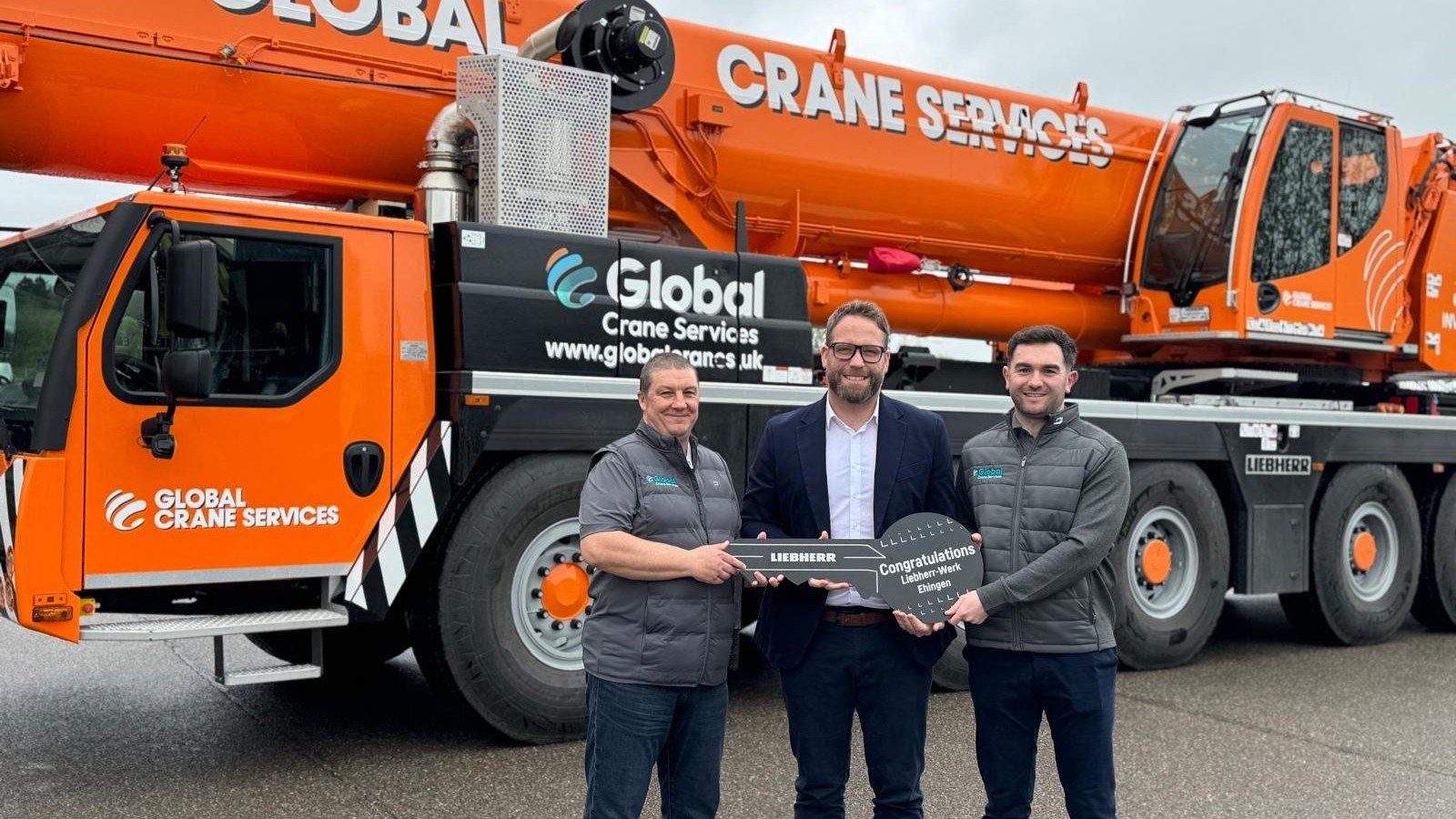 L-R Gordon Harper, General Manager of Global Cranes; Lyle Sibbald, Sales Manager Scotland, North England and North Wales for Liebherr; and Craig Graham, Business Development Manager (Aberdeen)m Global Crane Services.