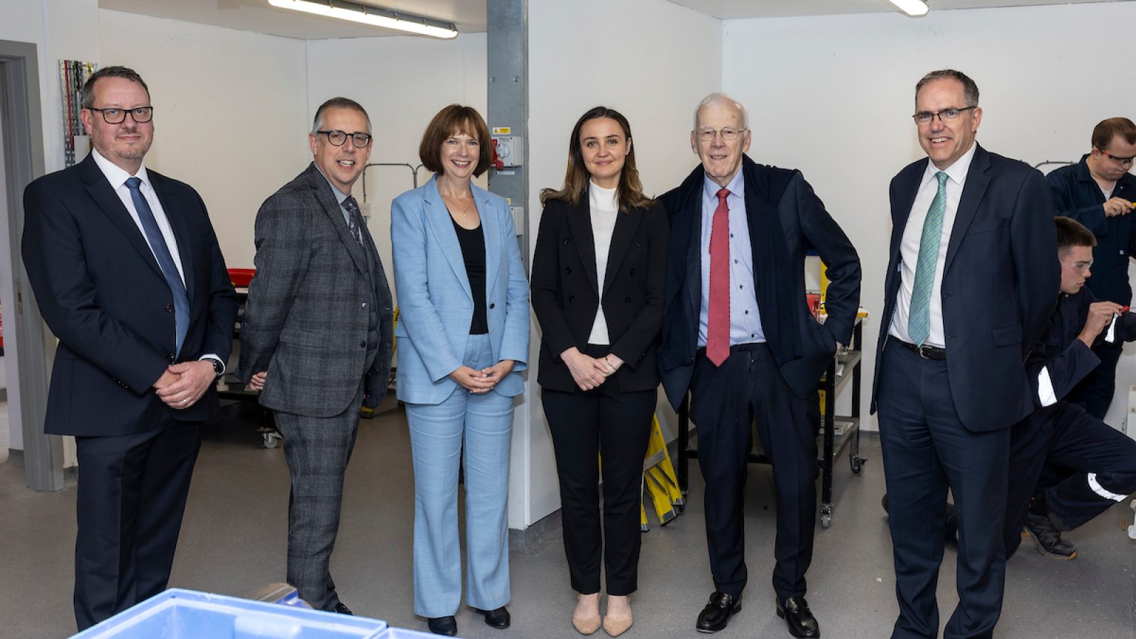 ETZ Ltd Director Offshore Renewables Andy Rodden, NESCol Principal Neil Cowie, ETZ Ltd Chief Executive Maggie McGinlay, Cabinet Secretary for Net Zero Mairi McAllan, ETZ Ltd Chairman Sir Ian Wood and Shell’s Senior Vice President of UK Upstream Simon Roddy during the visit to NESCol to mark work about to begin on the new Energy Transition Skills Hub.