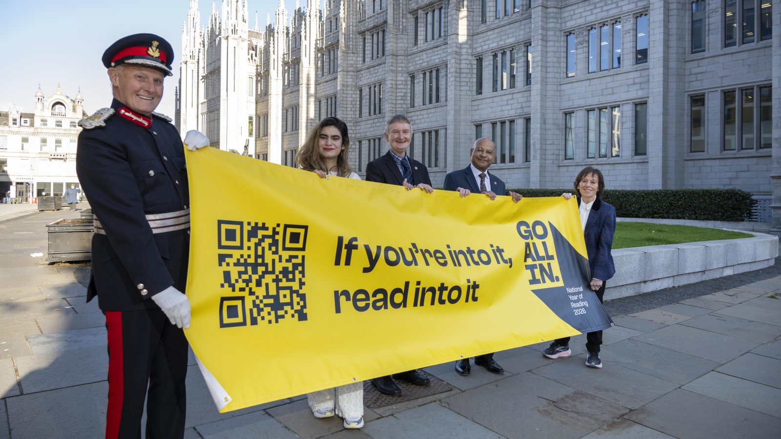 Photograph shows (L-R) - Aberdeen Lord Lieutenant Dr. David Cameron with National Literacy Trust Local Project Officer, Rashmi Bhattacharjee, and Aberdeen Deputy Lord Lieutenants Mike Melvin, Dr. Hector Williams, and Rita Stephen