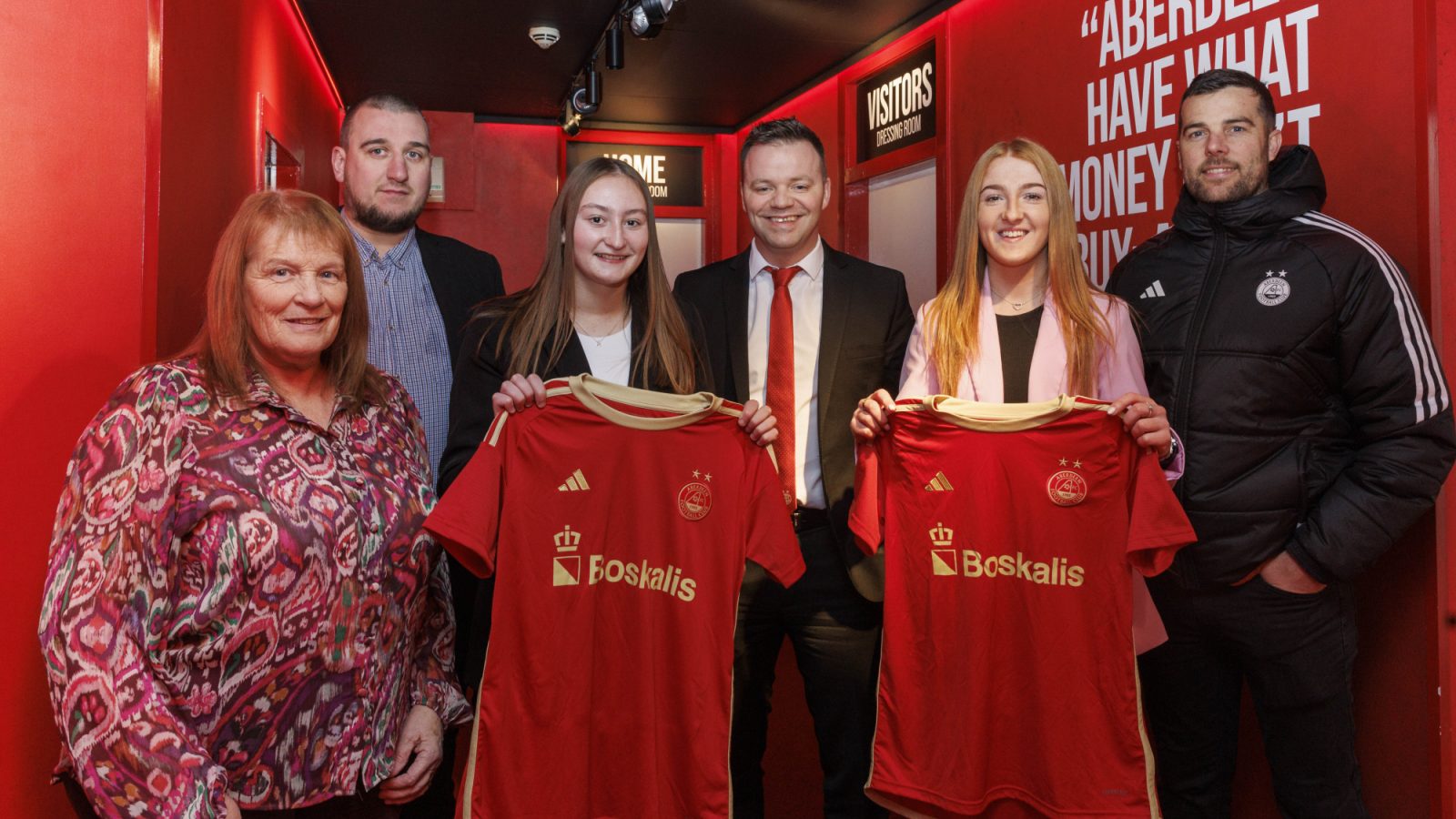 Hazel Reid (Aberdeen FC Ladies Chairperson), James Low (Aberdeen FC Ladies Secretary), Aimee Black (AFC Women), Steven Gunn (AFC Director of Football), Eilidh Shore (AFC Women) and Clint Lancaster (AFC Women Manager)