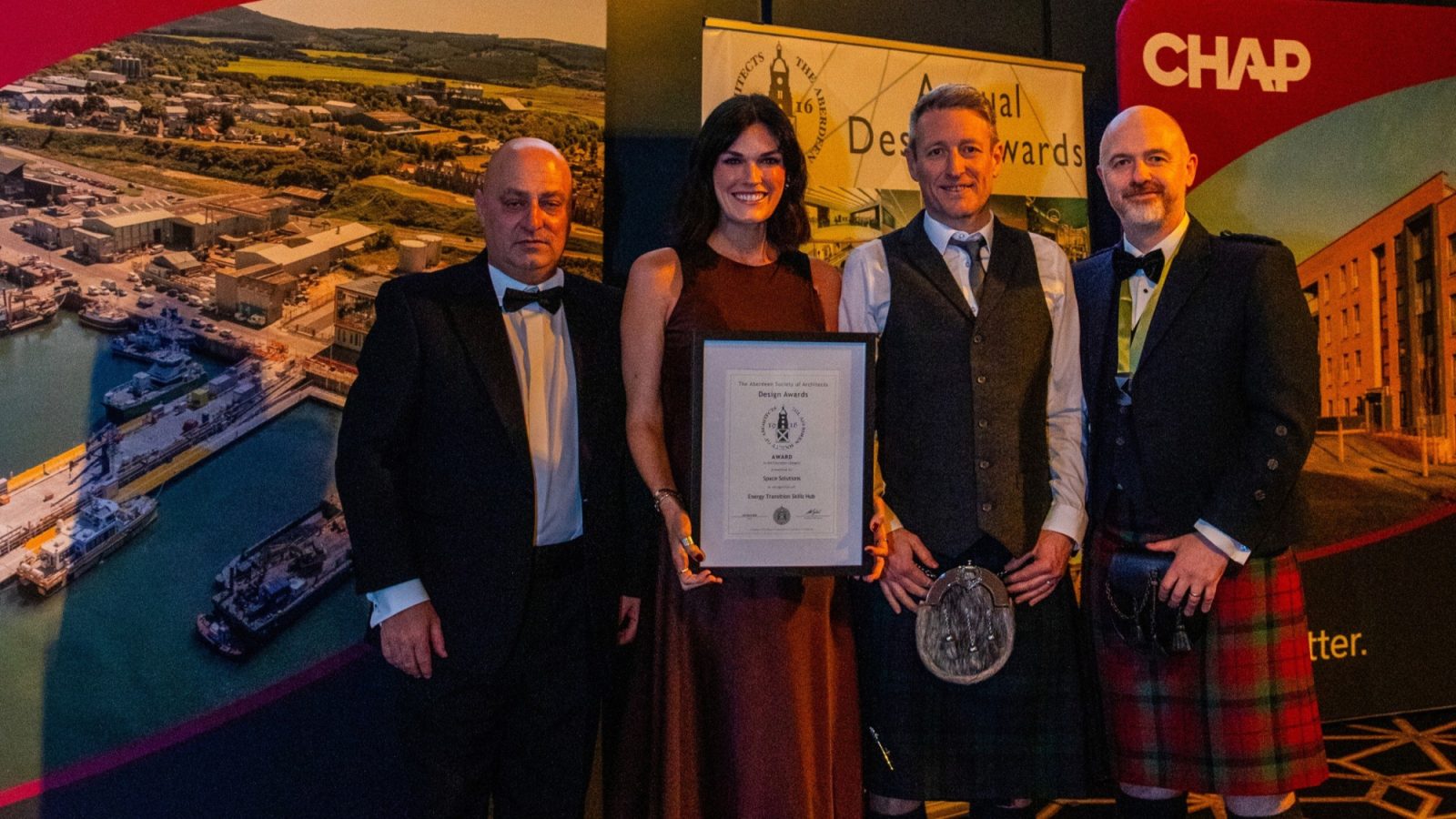 Left to right: Allan Liddell: Award Sponsor Cupa Pizarras, Emma Mills: Space Solutions, Neil Strachan: Space Solutions and Andy McNair: President of the Aberdeen Society of Architects. Photographer: Martin Parker.