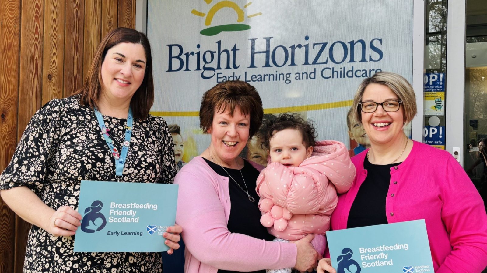From Left to right Emma Williams, NHS Grampian Advanced Public Health Practitioner, Fiona McQueen, Nursery Manager, Nursery child and Kirstie Olsson, Deputy Manager, Treehouse Early Care and Education Centre
