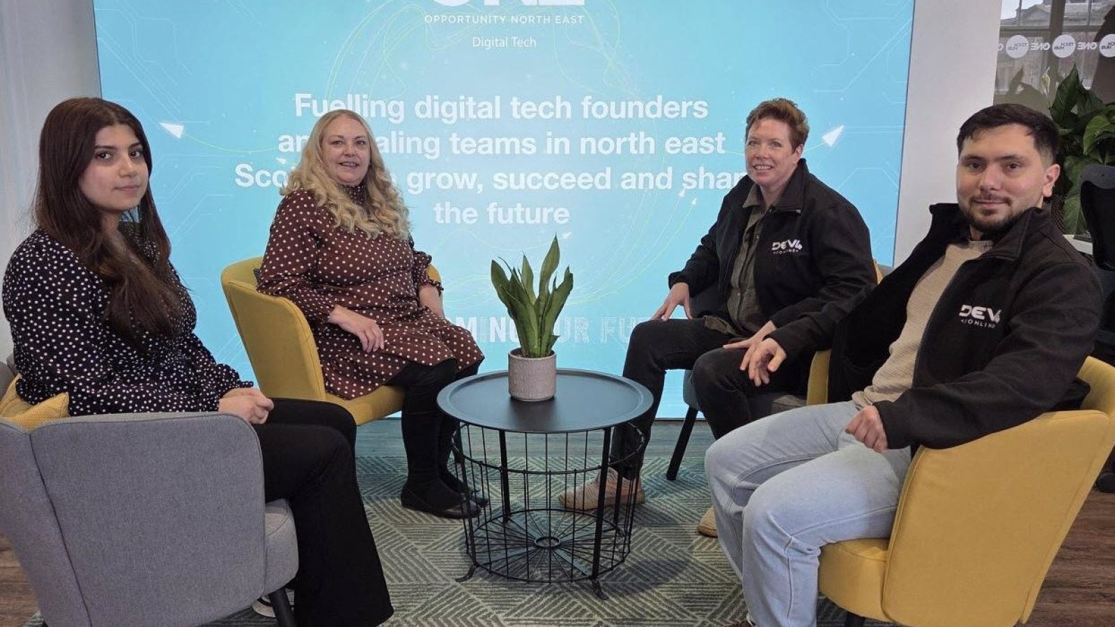 Left to right:  Mariana Al Shrayteh, Sarah Cross, Gail Henderson (DEV4), Gustavo Rangel (DEV4)