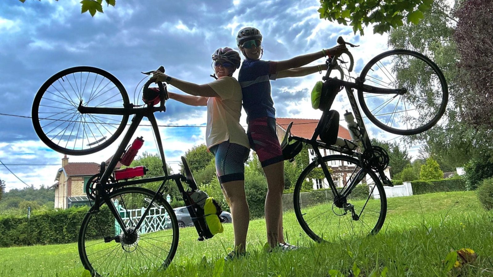 Paris Cycling Duo Sarah and Katy with their bikes while on the road to Paris  L–R: Sarah McKechnie, Katy Townhill
