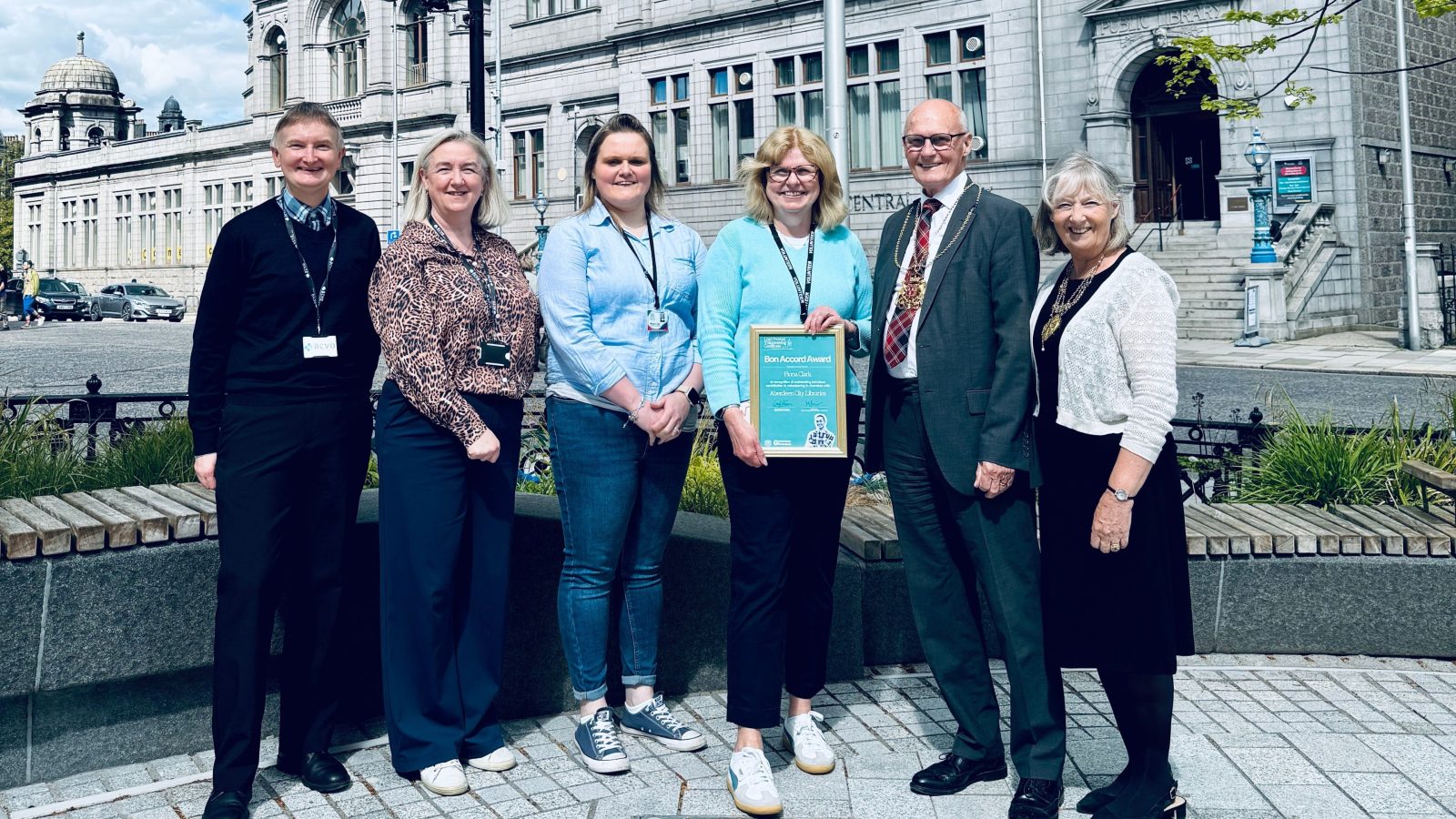 L-R Mike Melvin, Maggie Hepburn, Meghan Collie, Fiona Clark, the Lord Provost of Aberdeen, Cllr Dr David Cameron, and the Lady Provost of Aberdeen, Cllr Hazel Cameron, at the inaugural Lord Provost Volunteering Certificate presentation.