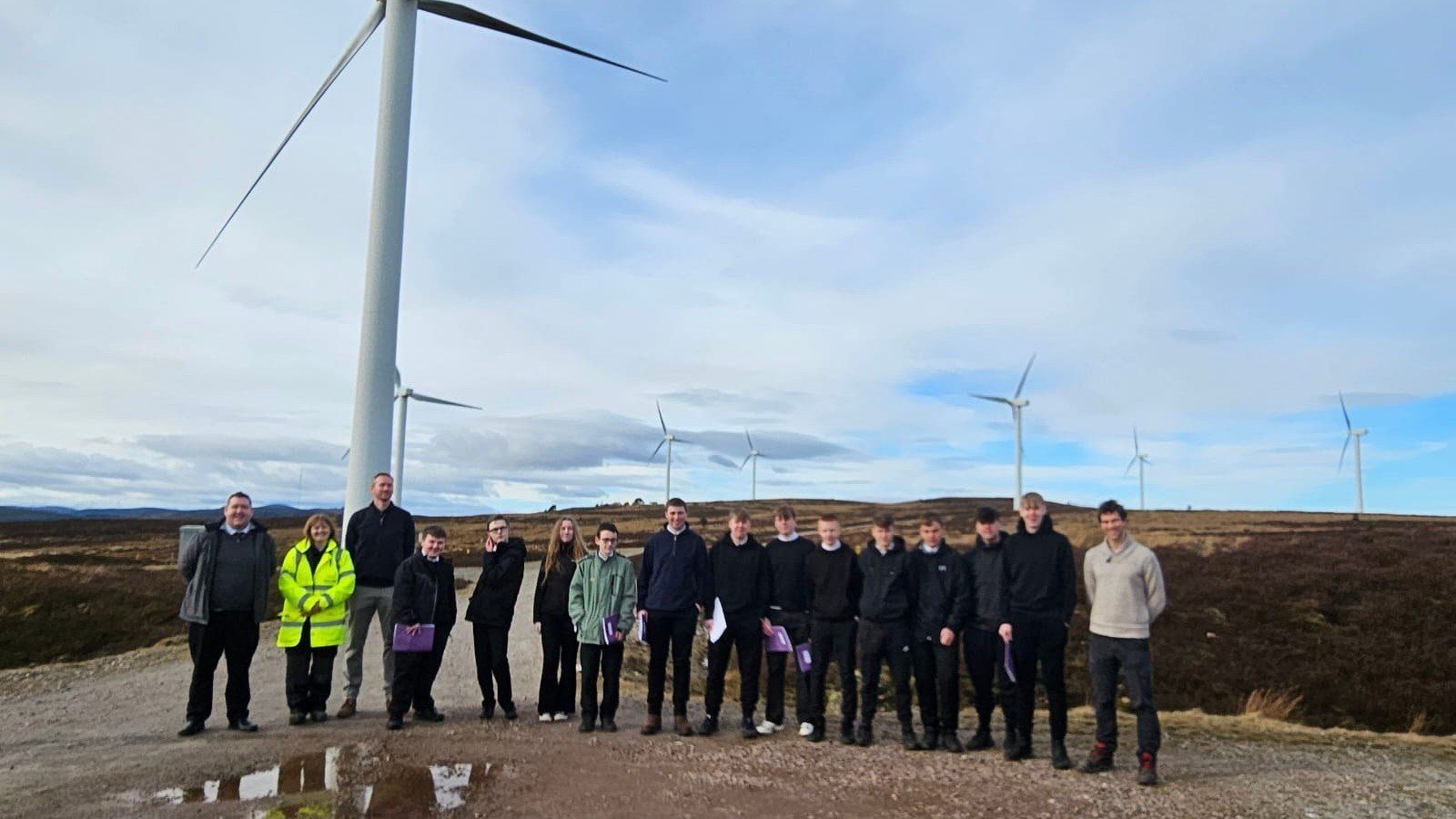 Students from Mearns Academy at the TRIG-owned Meikle Carewe Wind Farm with the RES team