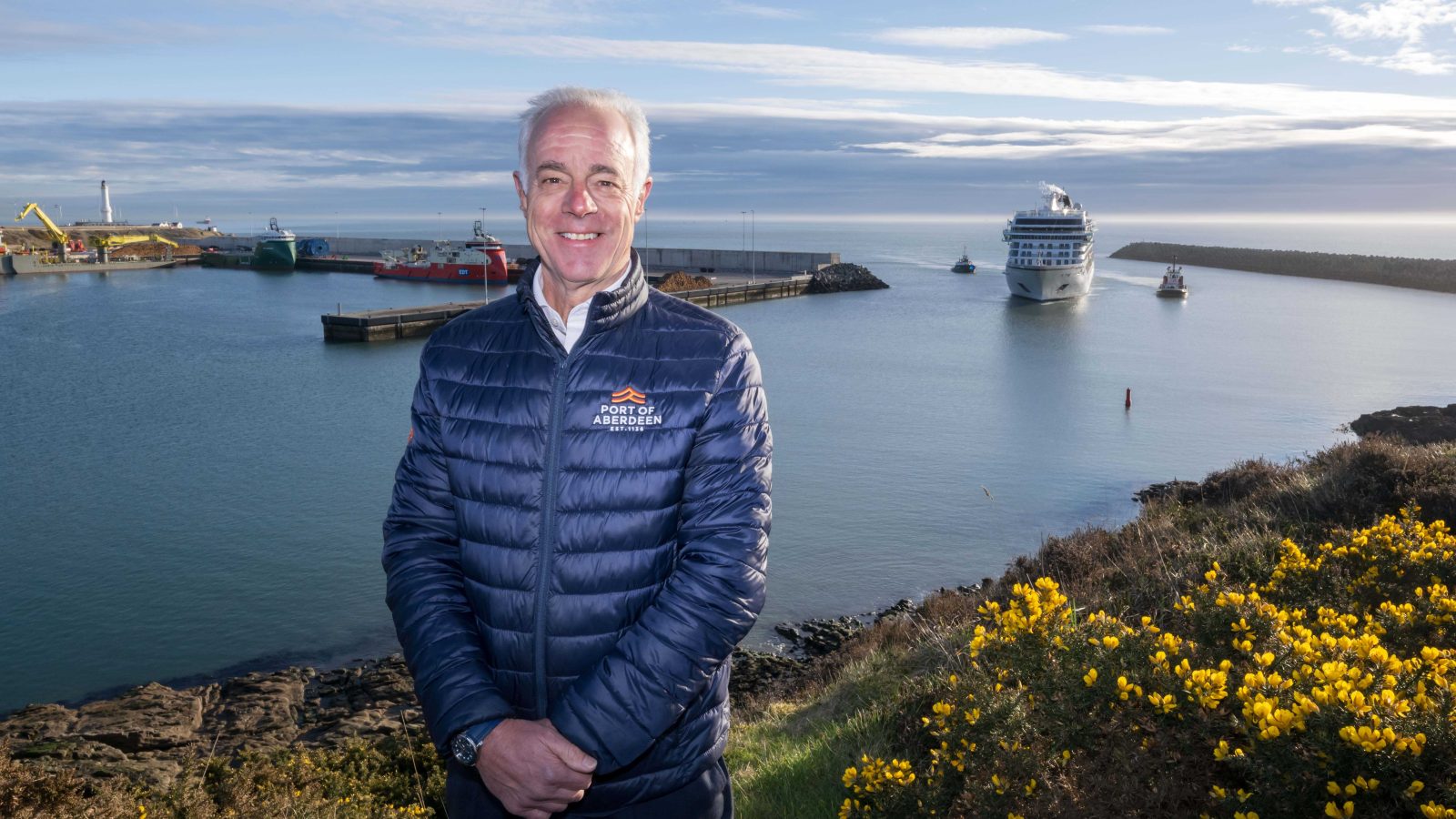Port of Aberdeen CEO, Bob Sanguinetti DL, with Viking Cruises’ Viking Neptune cruise ship arriving at Port of Aberdeen’s South Harbour.