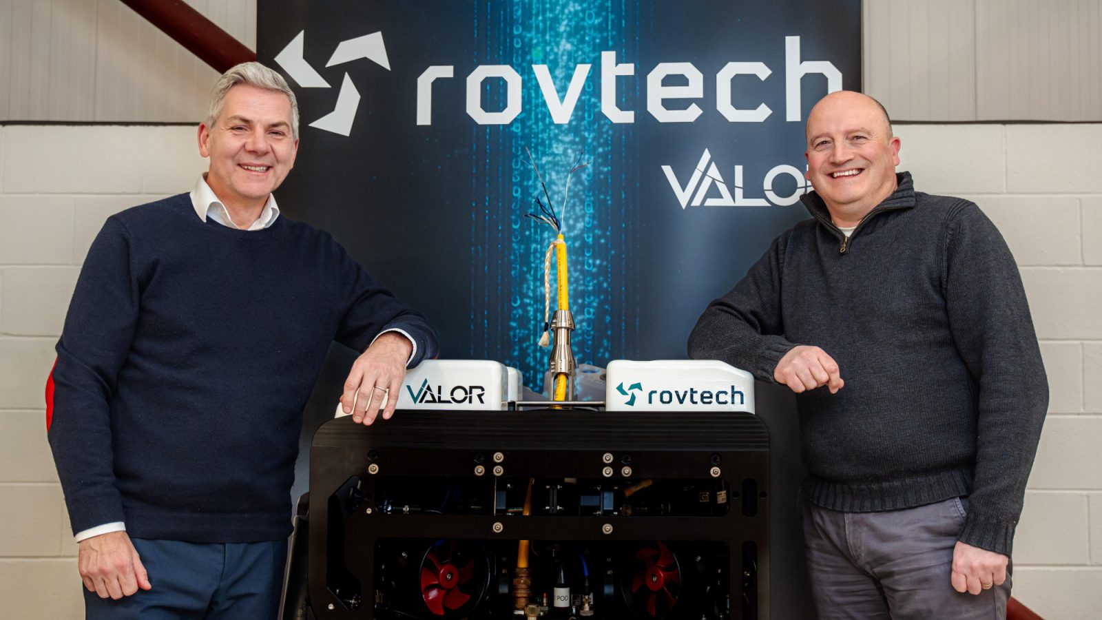 Fraser Moonie (L) of Unique Group and David Owen (R) of Rovtech with a VALOR ROV