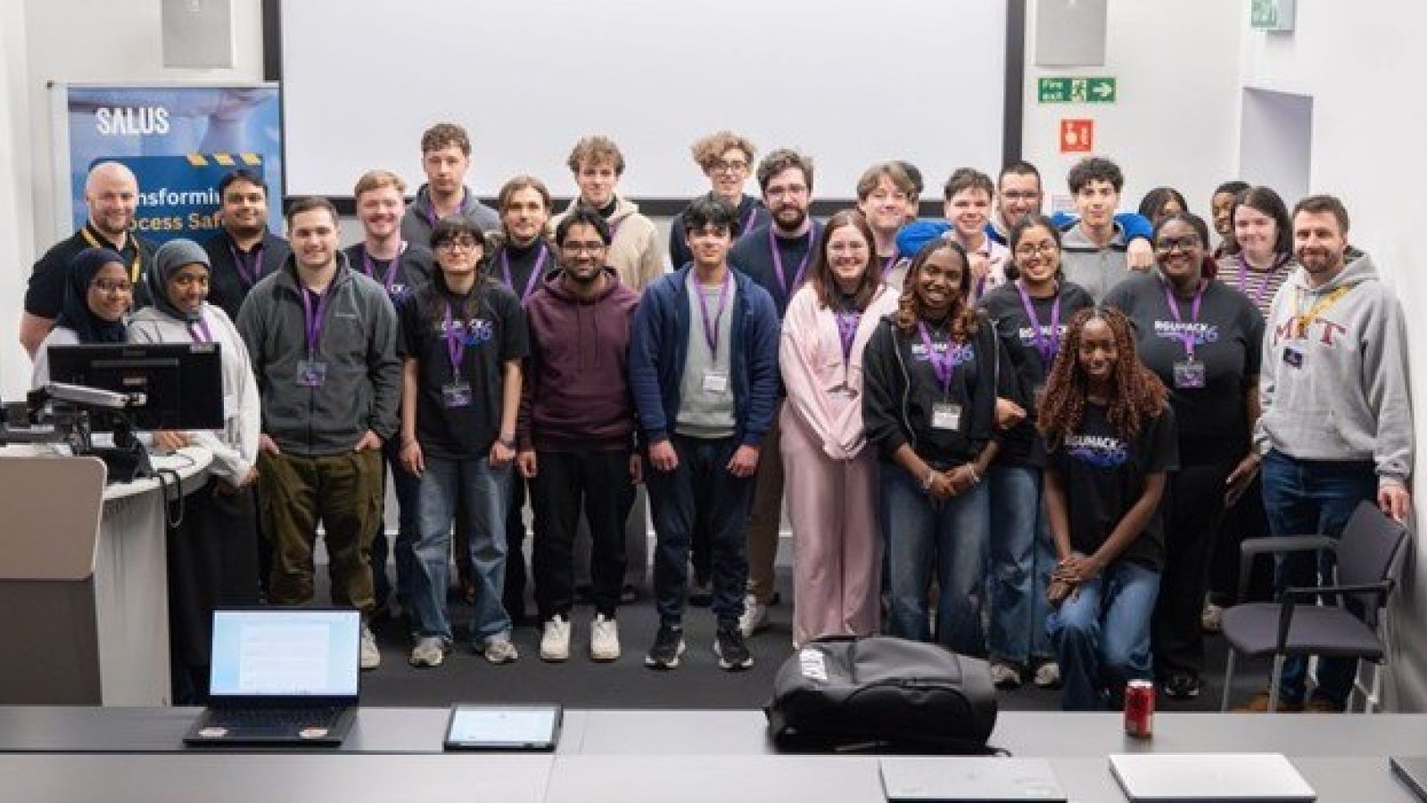 Salus Technical’s Head of Software Development, Sam Orme (back far left), and Founder David Jamieson (far right), with participants in the RGU Hackathon challenge.