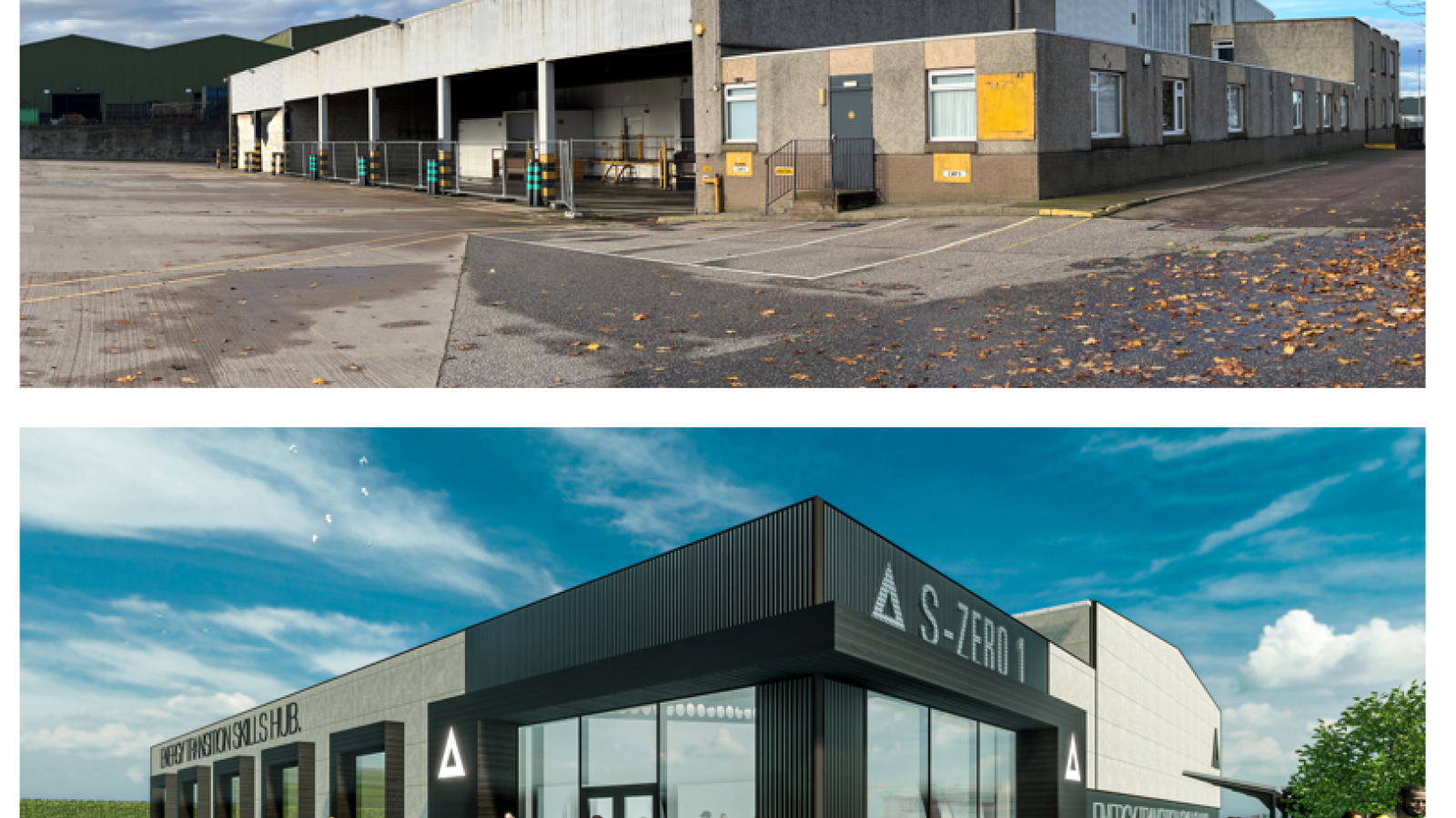 Graphic shows the former dairy site and an artist’s impression of the completed Skills Hub.