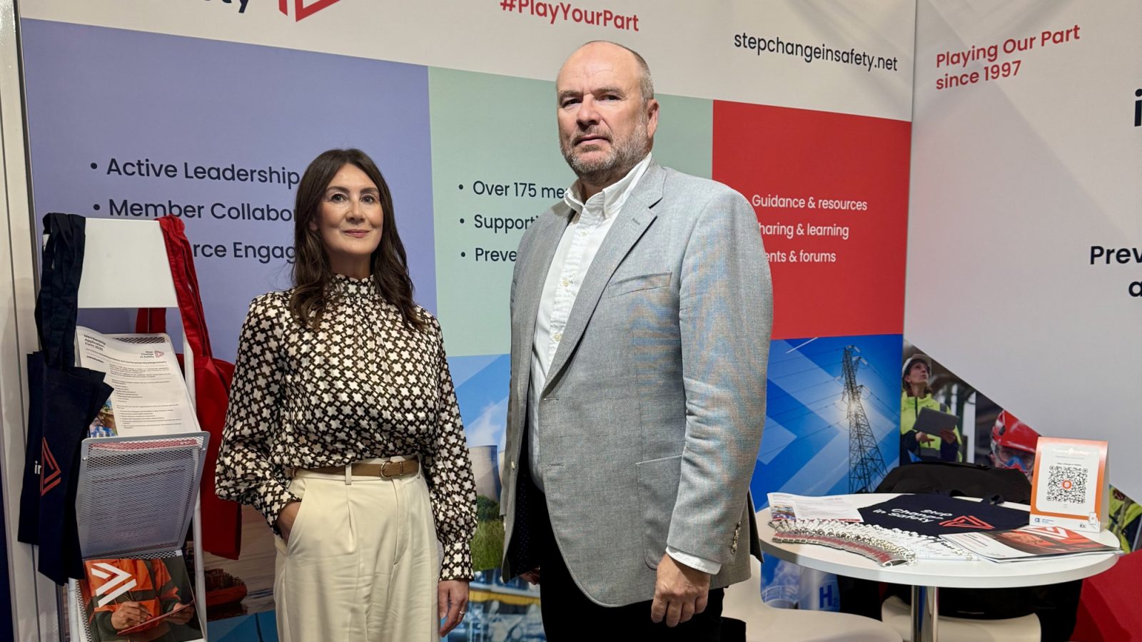 Nicola Taylor, Business Engagement Manager, and Craig Wiggins, CEO, unveiling the new Step Change in Safety brand on day one of SPE Offshore Europe 2025.