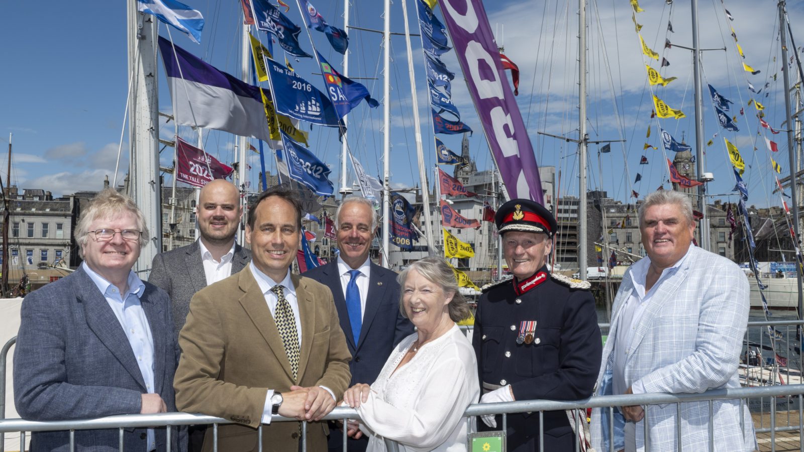 L-R: Councillor Ian Yuill, Councillor Alex McLellan, Councillor Martin Greig, Bob Sanguinetti, Lady Provost Hazel Cameron, Dr David Cameron, Lord Liutenant, Allan Henderson.