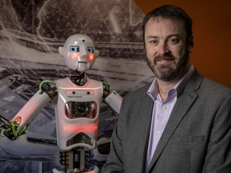 Bryan Snelling with Robo Thespian one of the most popular exhibits at Aberdeen Science Centre